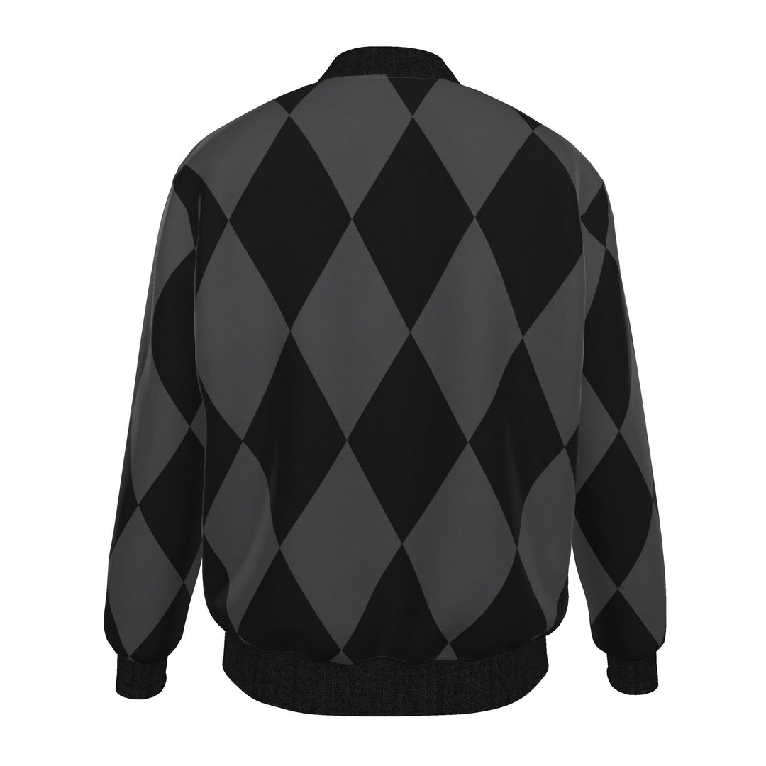 Front view of S7 bomber jacket with elongated black and charcoal harlequin diamonds, black ribbed trim, and a zip closure.