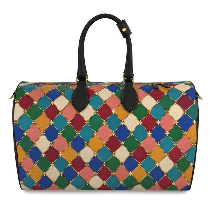 S7 Harlequin Royale Jewel Mosaic leather duffle bag with multicolor diamond print, gold-tone details, burgundy side panels, and black handles.