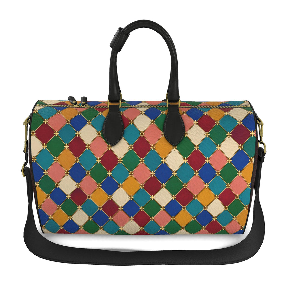 S7 Harlequin Royale Jewel Mosaic leather duffle bag with multicolor diamond print, gold-tone details, burgundy side panels, and black handles.