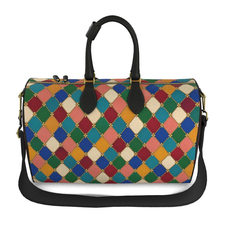 S7 Harlequin Royale Jewel Mosaic leather duffle bag with multicolor diamond print, gold-tone details, burgundy side panels, and black handles.