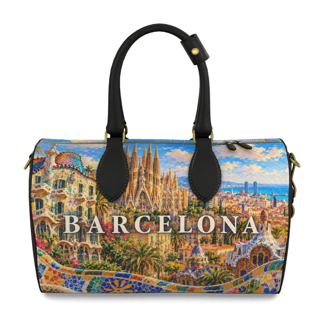 S7 Barcelona Mediterranean Mosaic leather duffle bag with colorful landmark artwork, brown side panels, black handles, and gold-tone hardware.