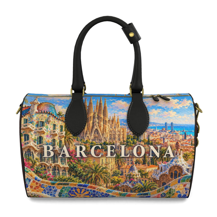 S7 Barcelona Mediterranean Mosaic leather duffle bag with colorful landmark artwork, brown side panels, black handles, and gold-tone hardware.