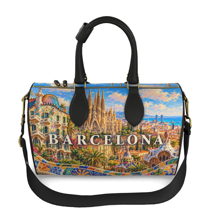 S7 Barcelona Mediterranean Mosaic leather duffle bag with colorful landmark artwork, brown side panels, black handles, and gold-tone hardware.