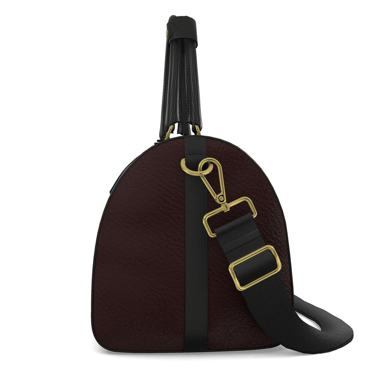 S7 Barcelona Mediterranean Mosaic leather duffle bag with colorful landmark artwork, brown side panels, black handles, and gold-tone hardware.