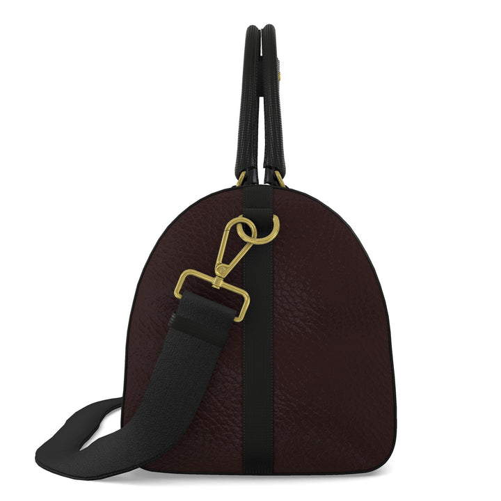 S7 Barcelona Mediterranean Mosaic leather duffle bag with colorful landmark artwork, brown side panels, black handles, and gold-tone hardware.