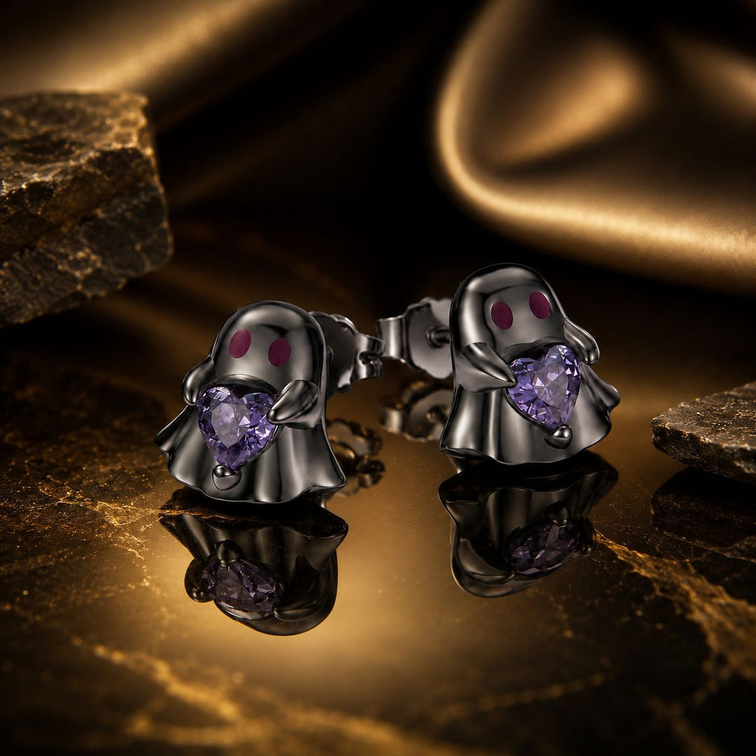 925 Sterling Silver Earrings with Pavé Setting CZ and Enamel Process, Plated Black Gold, 0.8cm