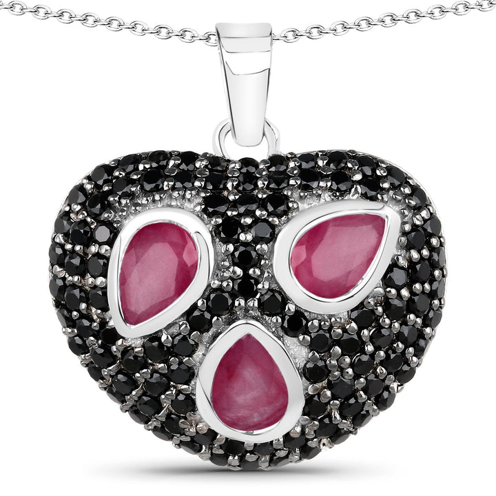 3.28 Carat Genuine Ruby and Black Spinel .925 Sterling Silver Pendant