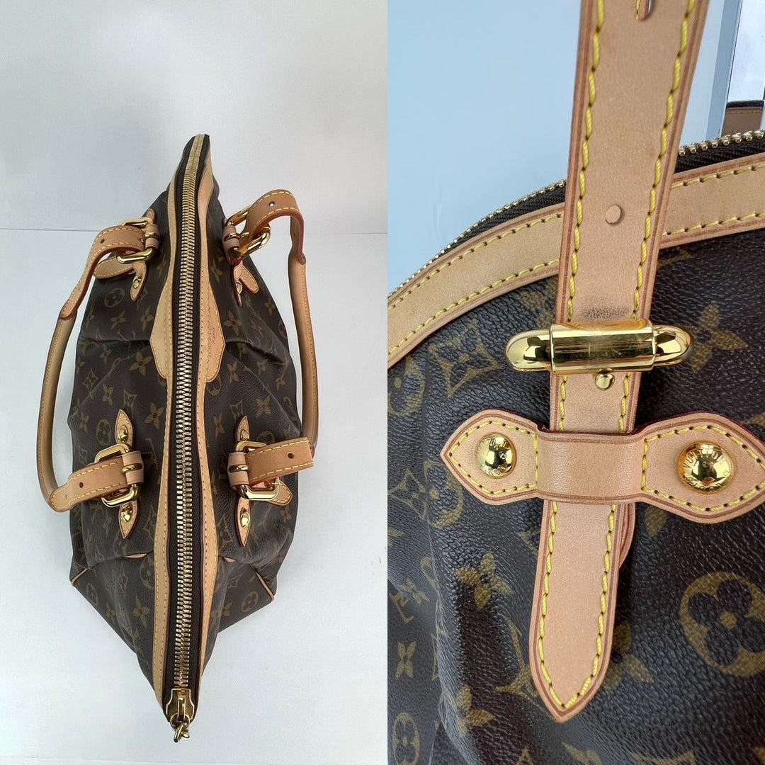 Close-up of a Louis Vuitton handbag with monogram pattern and gold hardware.
