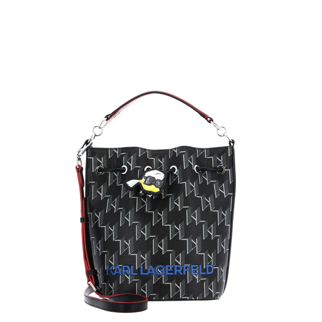 A black leather handbag with a polyurethane exterior featuring a geometric pattern, a handle, and a detachable red shoulder strap. The brand logo 'Karl Lagerfeld' is visible on the front.