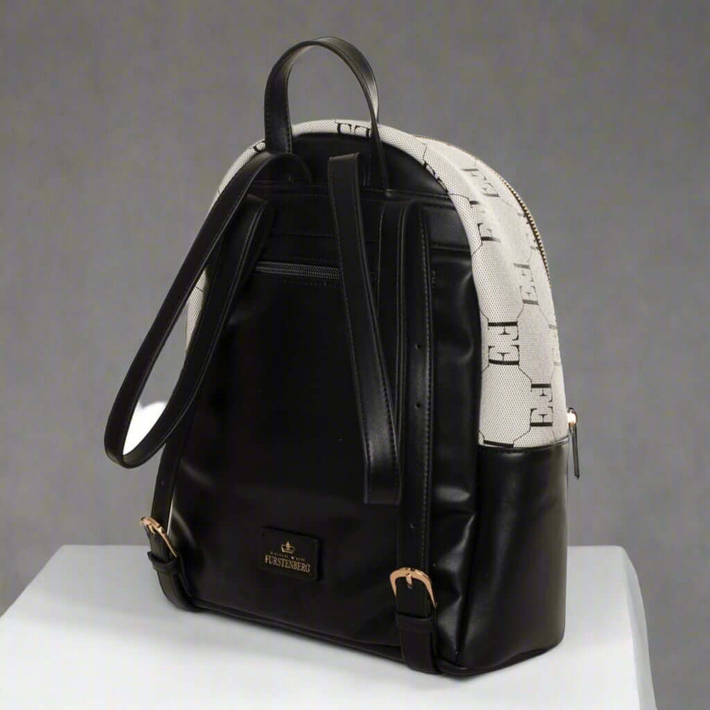 Black backpack with a visible brand logo on a white background