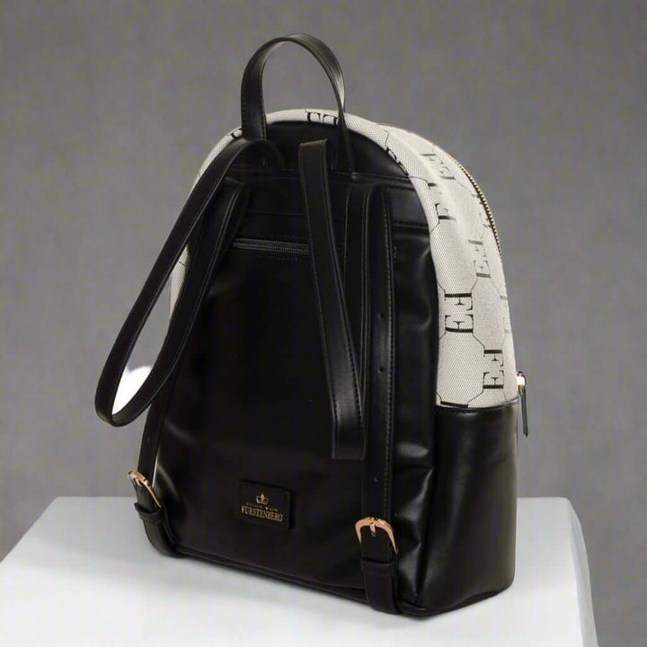 Black backpack with a visible brand logo on a white background