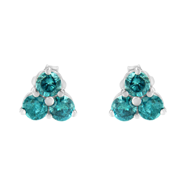 14KT White Gold Treated Blue Diamond Trio Stud Earrings (1 1/3 cttw, Blue)