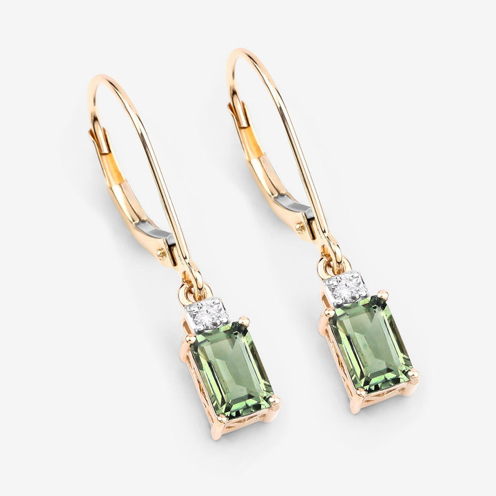 1.28 Carat Genuine Green Tourmaline and White Diamond 14K Yellow Gold Earrings