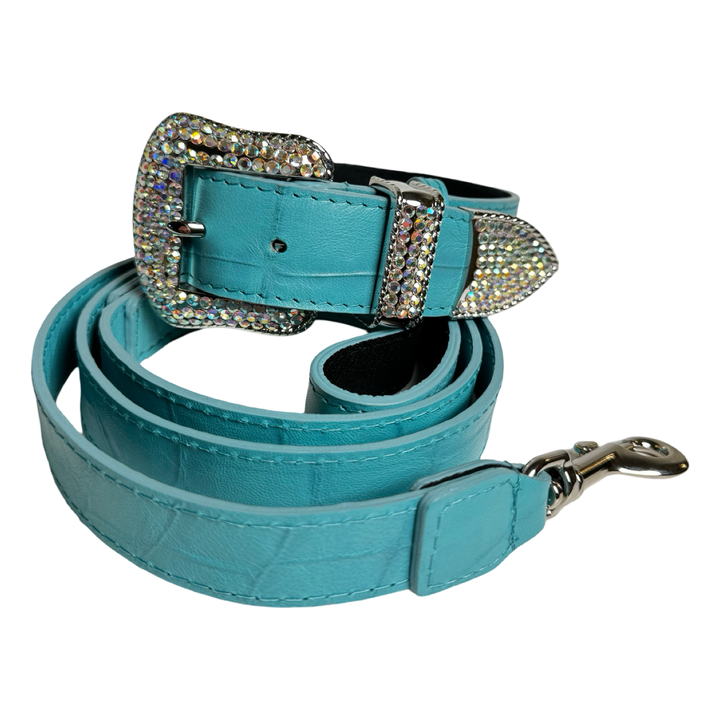 The Tiffany Collection. Gorgeous Turquoise Blue Embossed Croc Italian Leather Collar &amp; Leash Set, With Our Custom Swarovski Crystal Hardware
