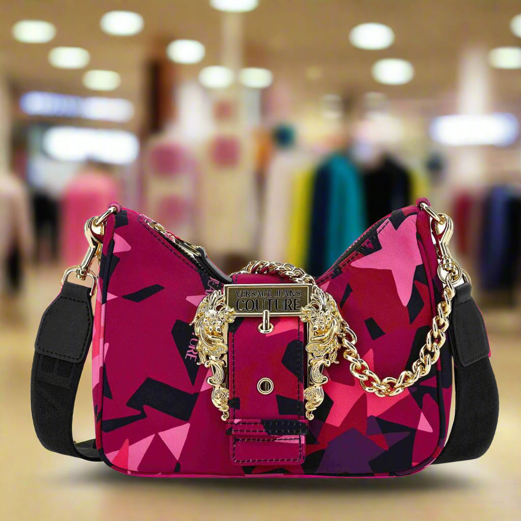Versace Jeans Couture shoulder bag in vibrant pink with gold emblem, synthetic leather and stylish chain strap.