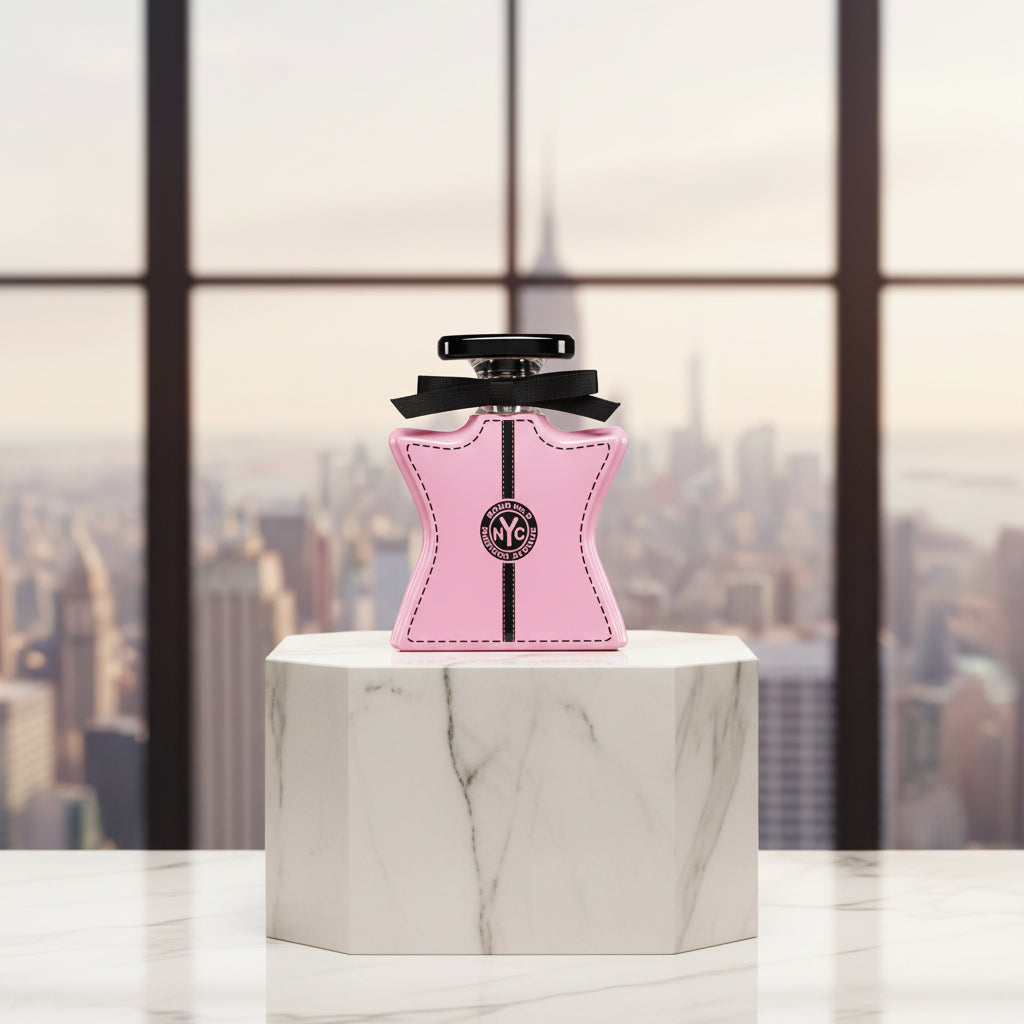 Pink perfume bottle with black accents and 'Bond No. 9' logo on a white background