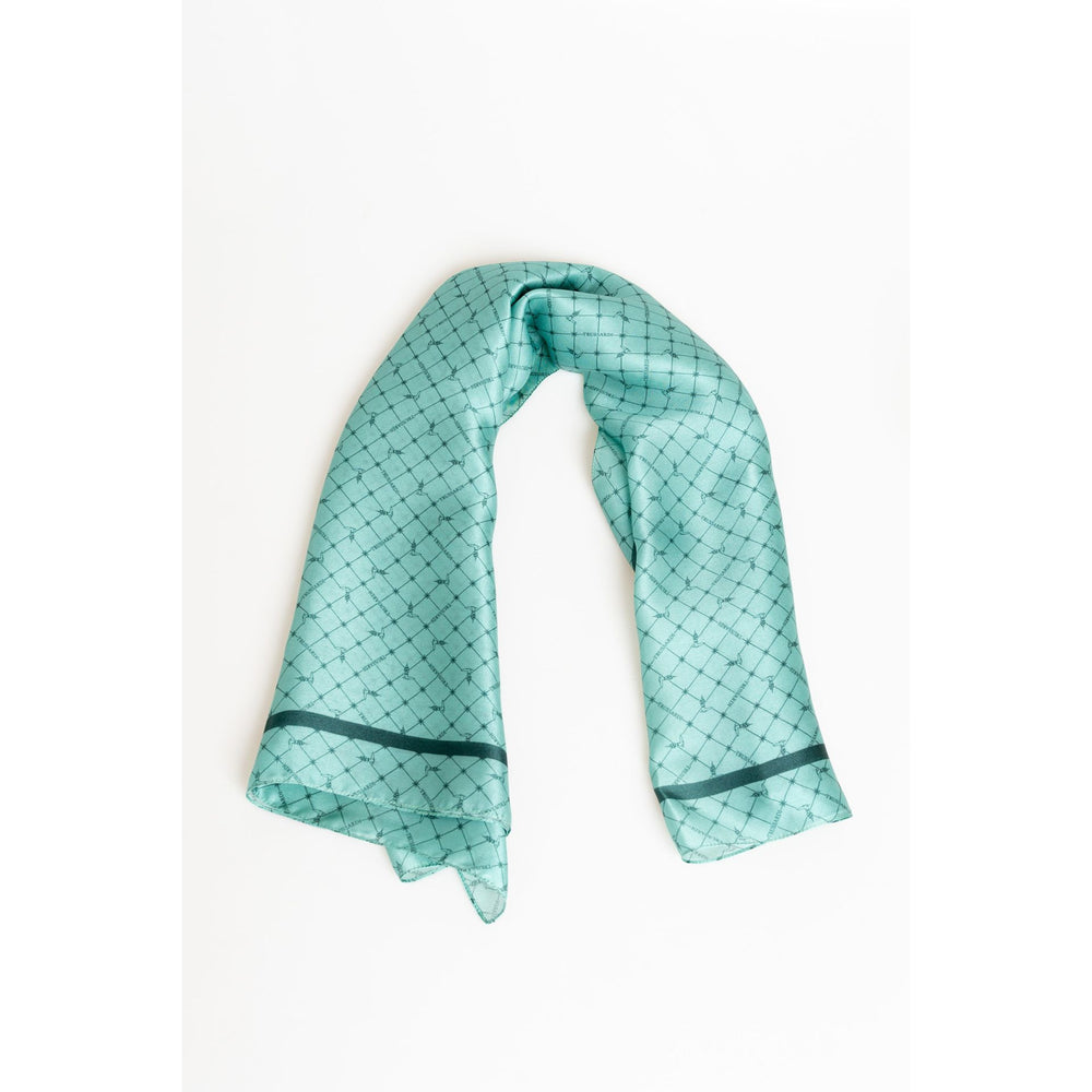 A green Trussardi scarf with a geometric pattern displayed against a white background.