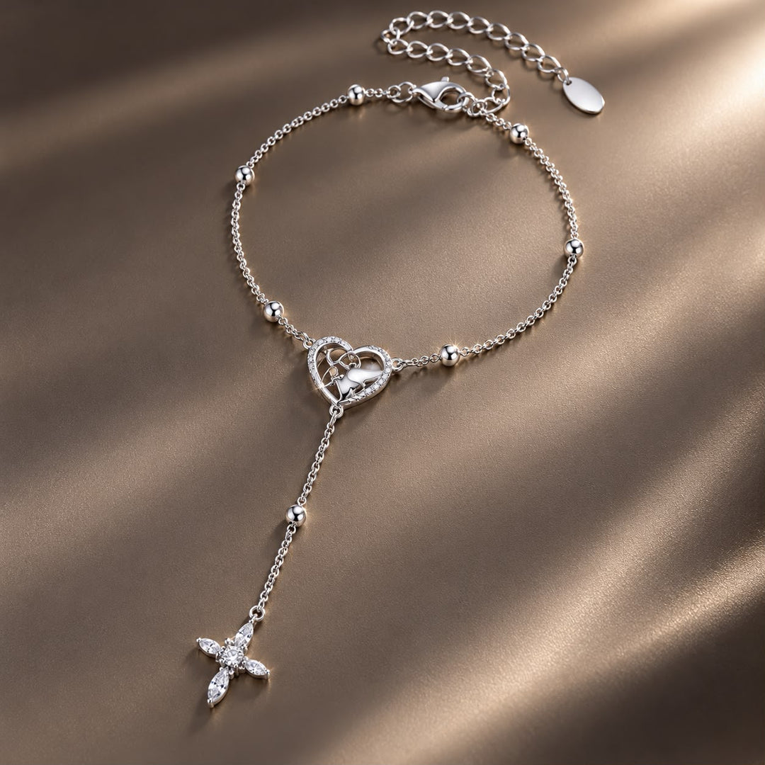 925 Sterling Silver White Gold Plated CZ Heart 15+6cm Bracelet for Women