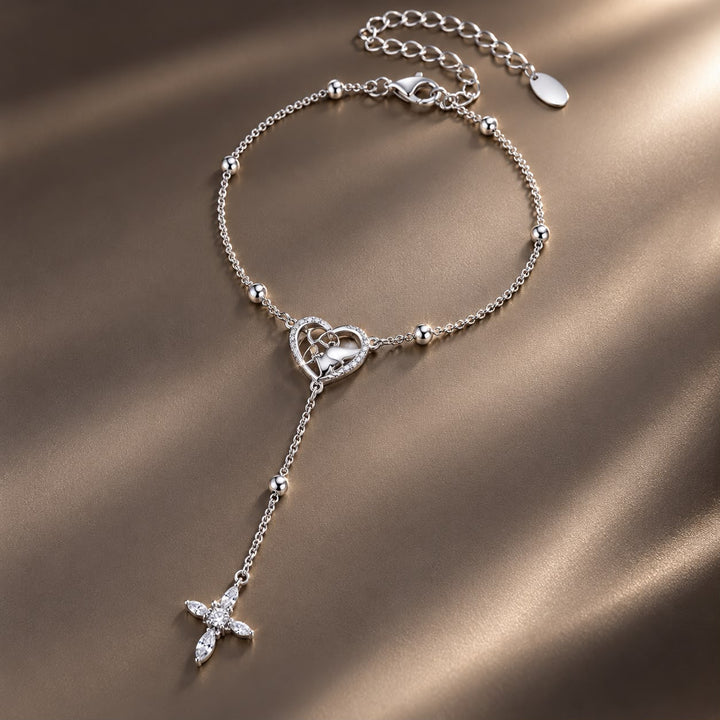 925 Sterling Silver White Gold Plated CZ Heart 15+6cm Bracelet for Women