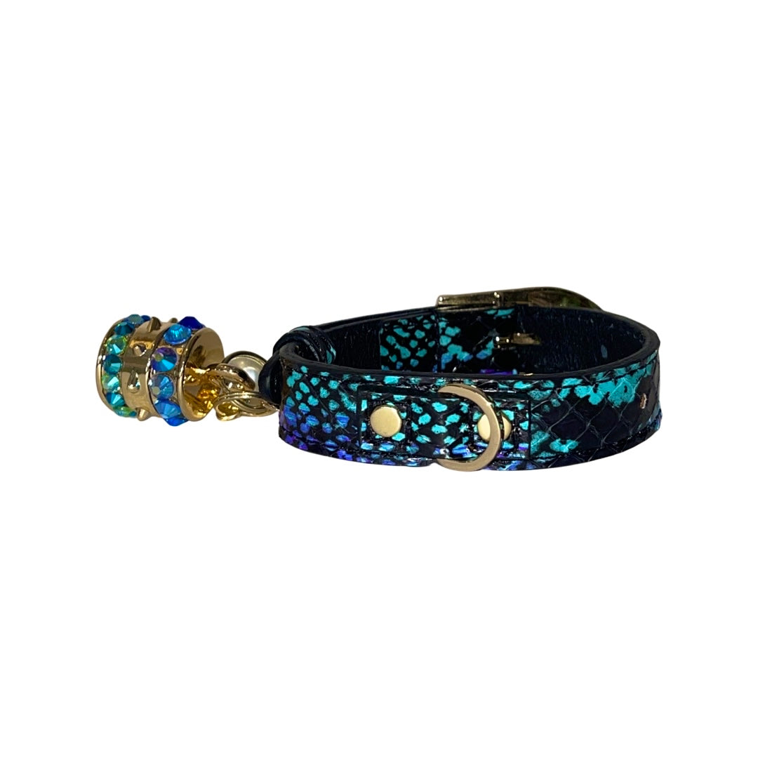 XS 7”-14” Multi-Tone Turquoise, Blqck &amp; Purple Custom Snake Collar/Custom Gold Italian Hardware. Swarovski Crystal Charm &amp; Pearl