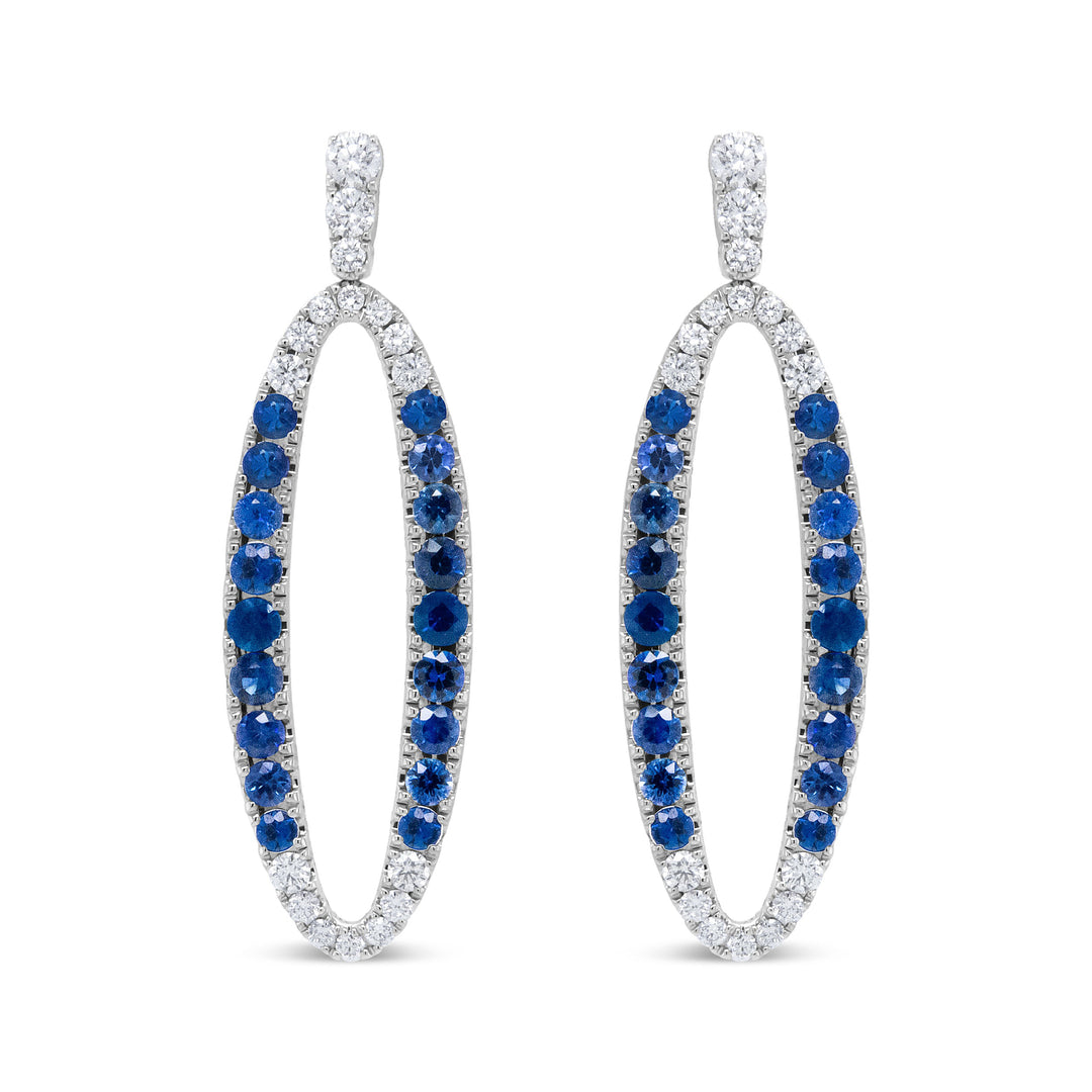 18K White Gold 1.11 Cttw Blue Round Diamond and Blue Sapphire Openwork Oval Shaped Dangle Earrings (F-G Color, VS1-VS2 Clarity)