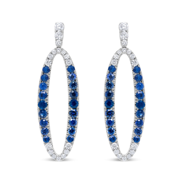 18K White Gold 1.11 Cttw Blue Round Diamond and Blue Sapphire Openwork Oval Shaped Dangle Earrings (F-G Color, VS1-VS2 Clarity)