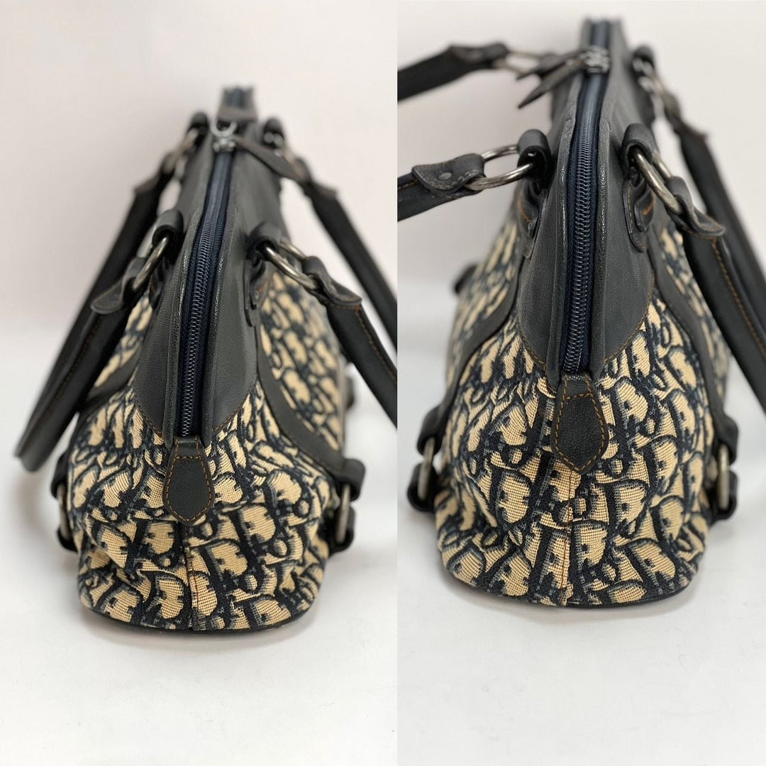 CHRISTIAN DIOR Monogram Trotter CD Blue Canvas Hand Bag showcasing detailed design and zipper closure for luxury bags.