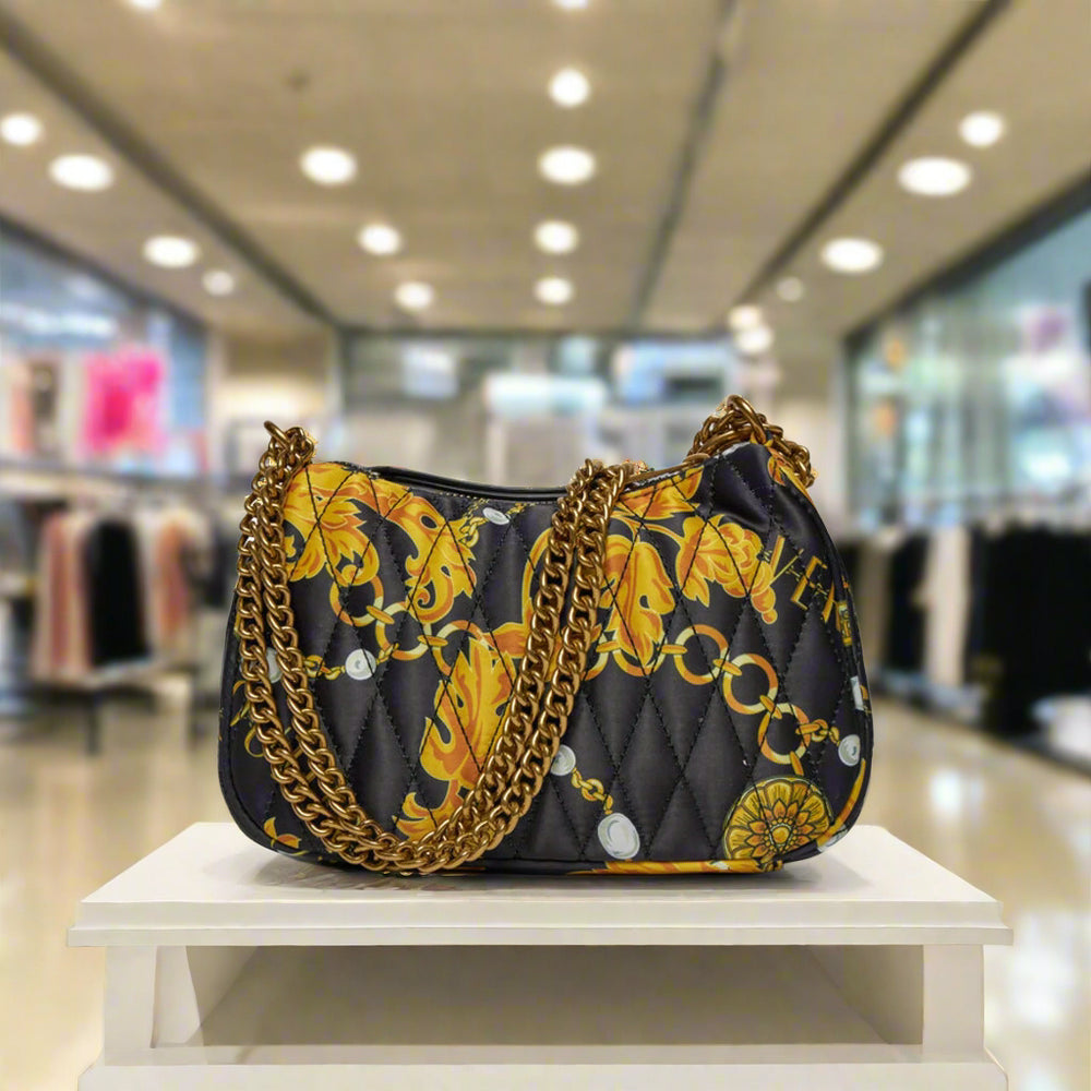 Versace Jeans Couture shoulder bag with gold emblem in black and gold, synthetic leather handbag with chain strap.