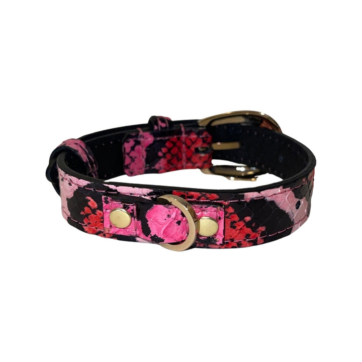 XS/S 7”-14” Fuchsia/Light Pink/Red &amp; Black Snake Collar/Custom Gold Italian Hardware
