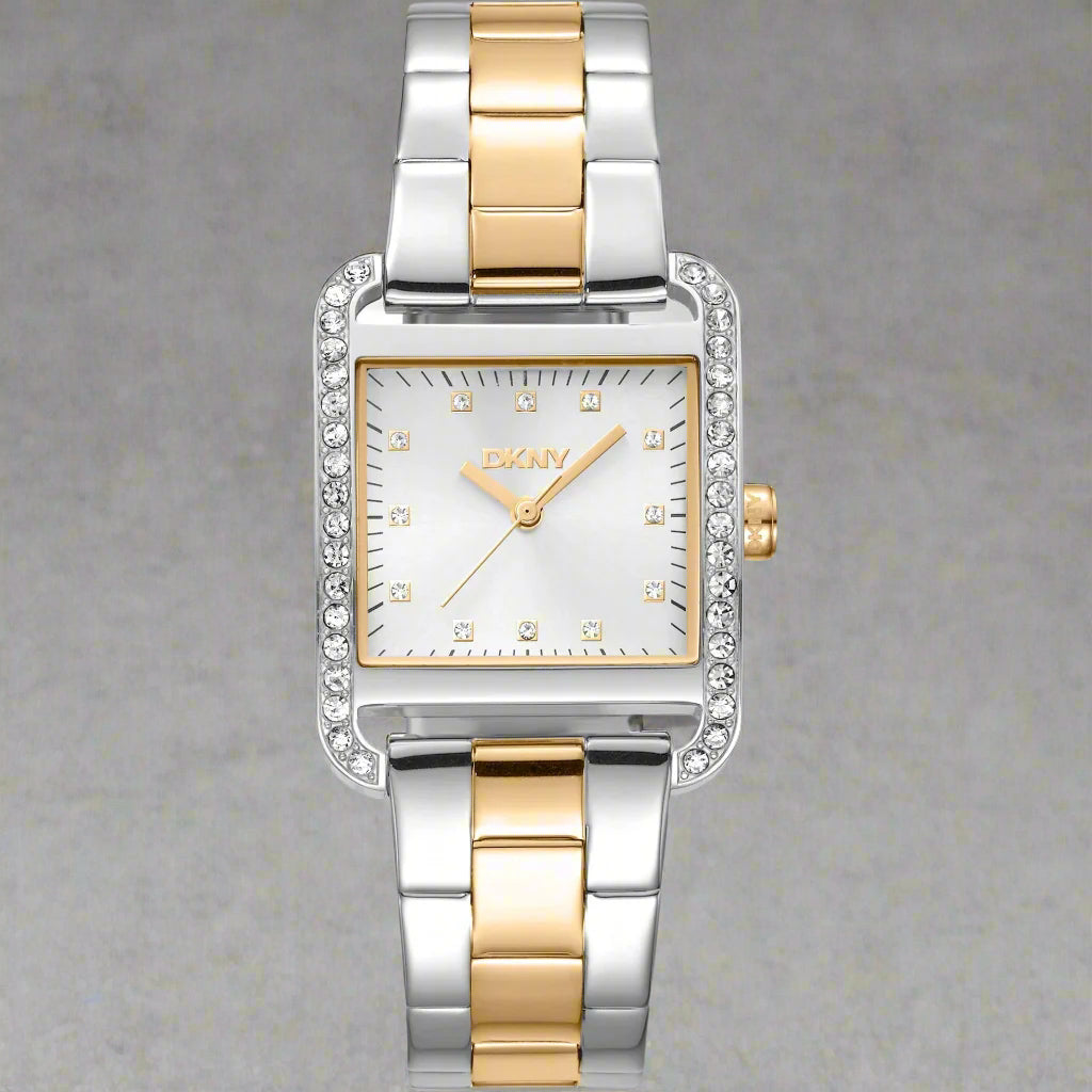 DKNY women's silver dial two tone jewel bezeled Watches