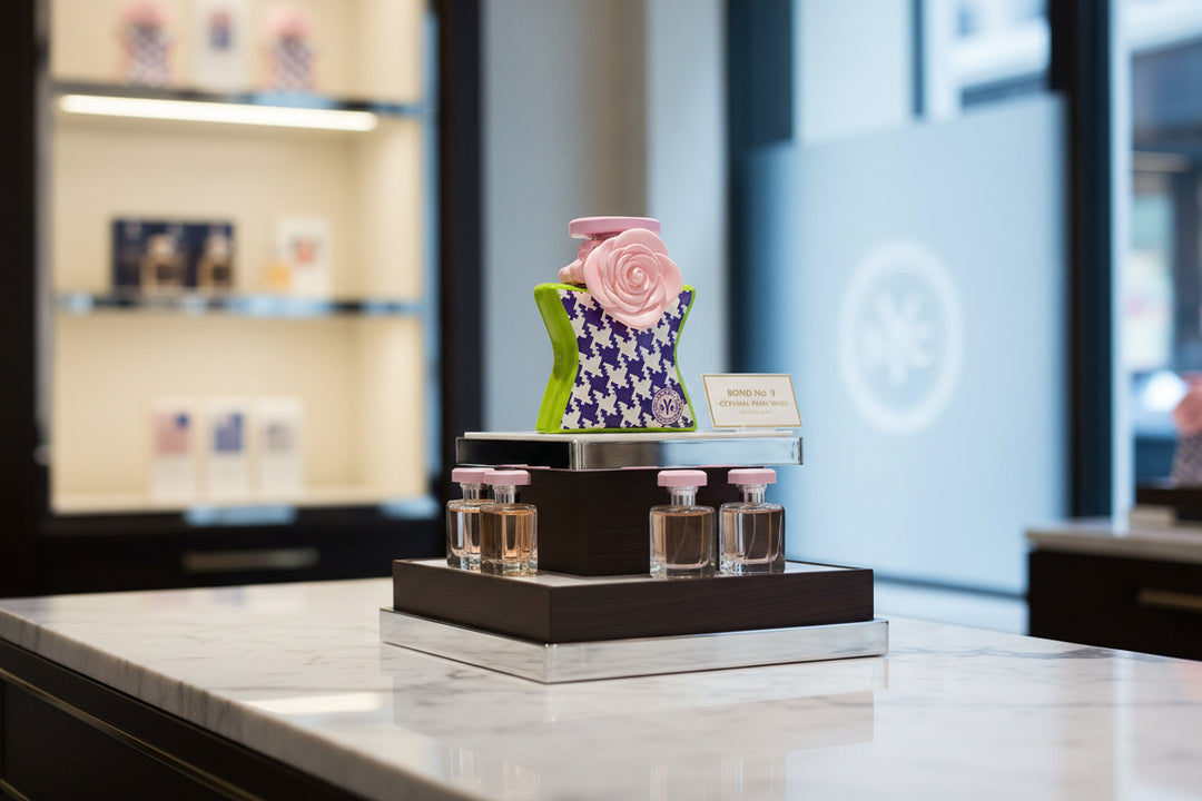 Perfume bottle with pink rose and geometric pattern on a white background