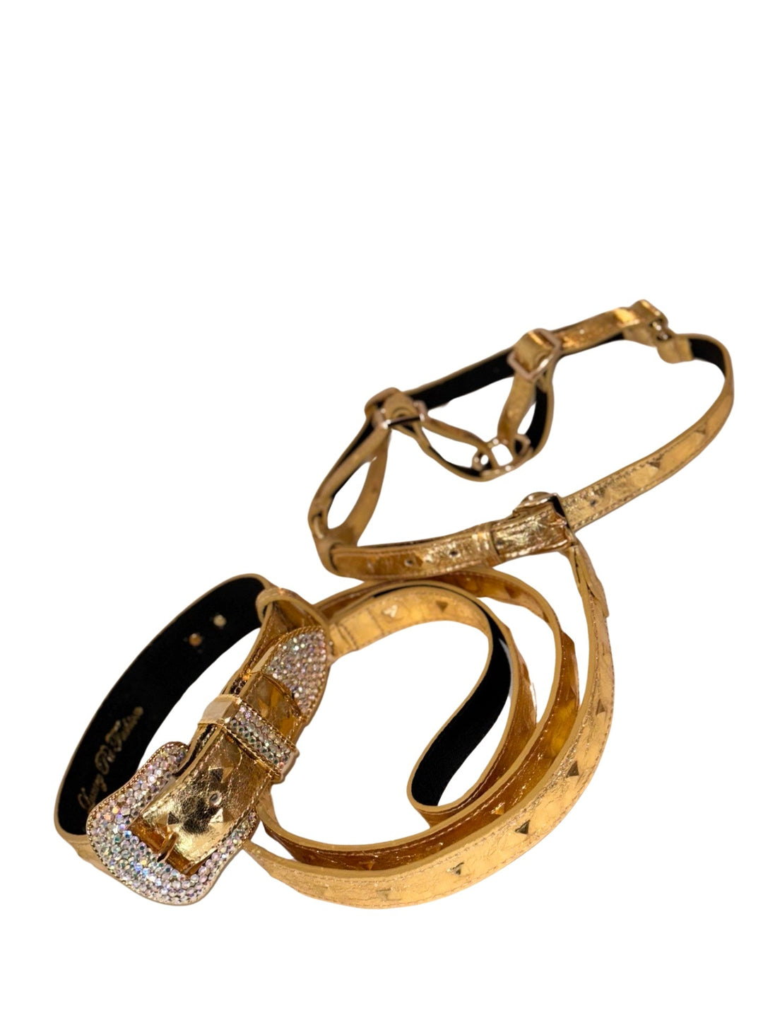 Glam Gold Embossed Studded Italian Leather Collar, Leash &amp; Harness Set With Our Custom Swarovski Crystal Buckle