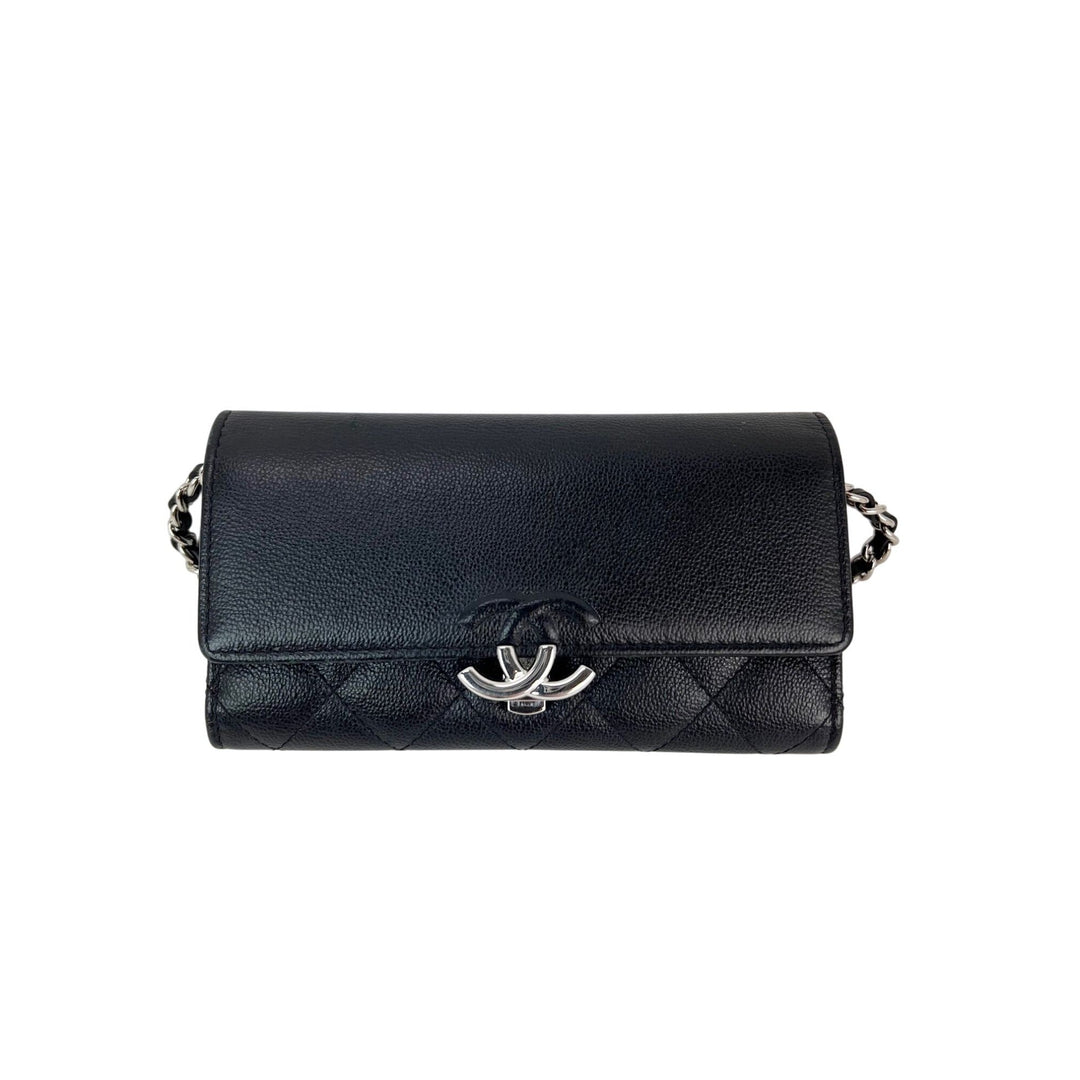 Chanel Grained Calfskin Quilted CC Box Flap Wallet in black luxury bags with silver chain strap