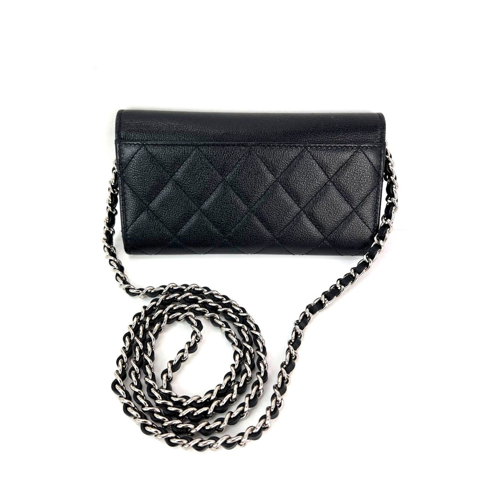 Chanel Grained Calfskin Quilted CC Box Flap Wallet with chain strap, luxury bags, pre-owned, very good condition.