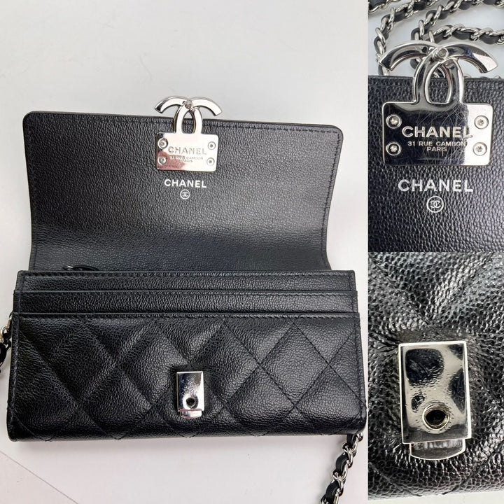Chanel Grained Calfskin Quilted CC Box Flap Wallet interior and closure details, luxury bags collection