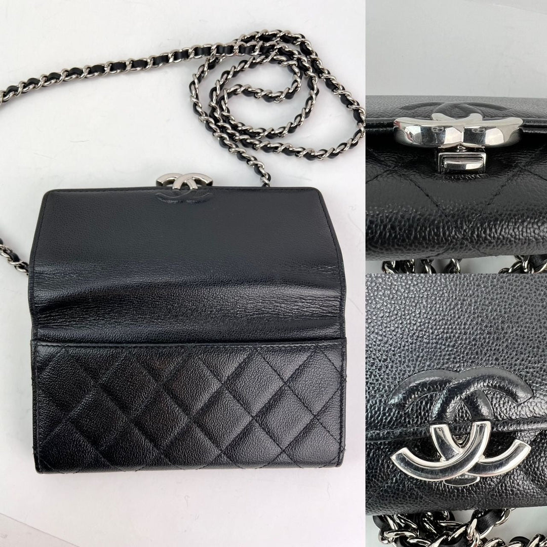Chanel Grained Calfskin Quilted CC Box Flap Wallet with unbranded strap and chain, luxury bags, B rating.