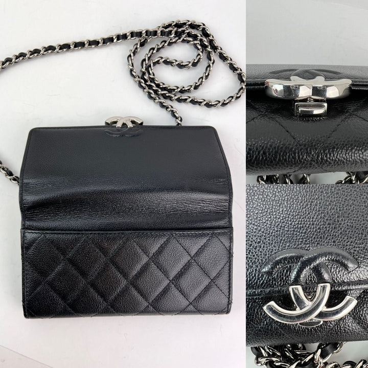 Chanel Grained Calfskin Quilted CC Box Flap Wallet with unbranded strap and chain, luxury bags, B rating.