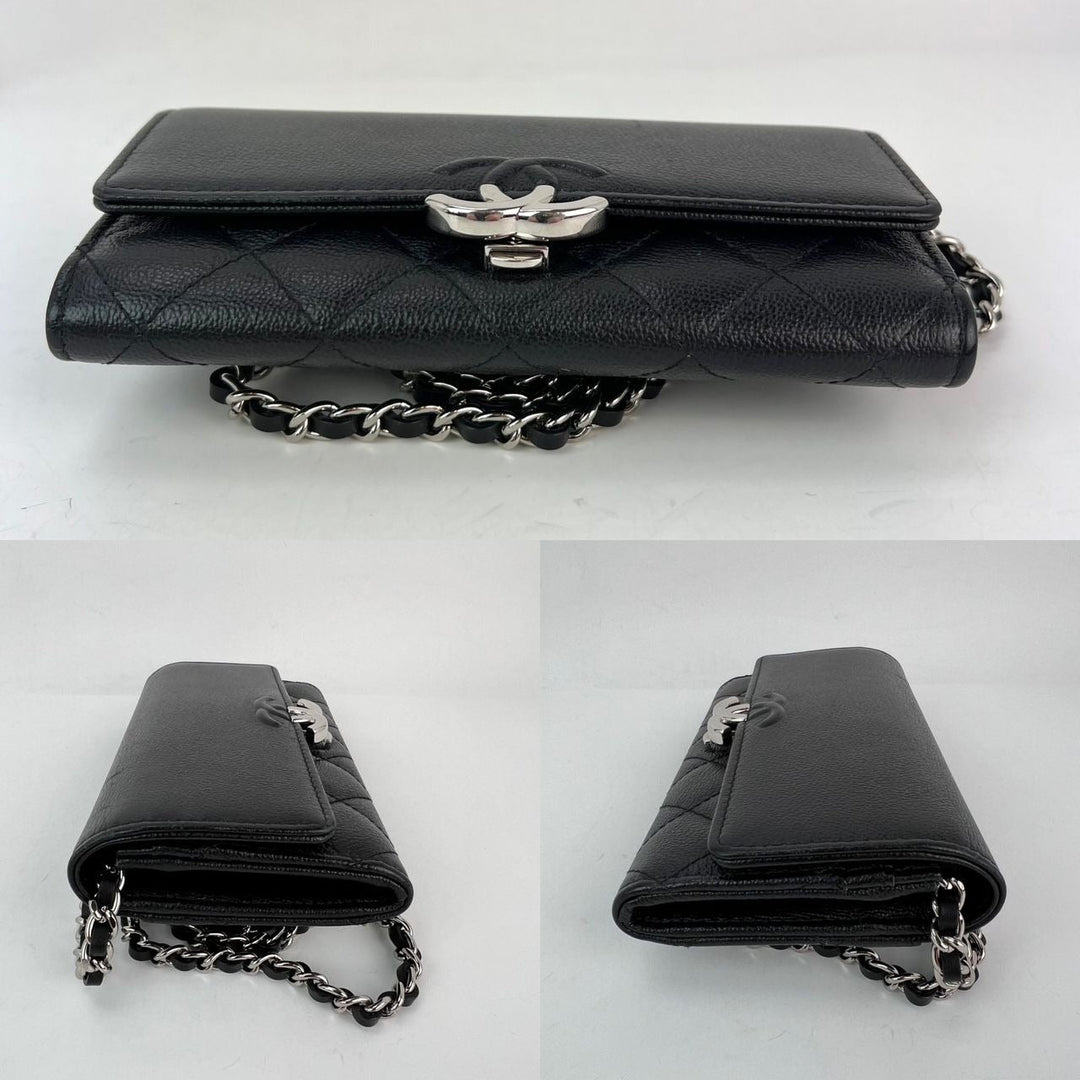 Chanel Grained Calfskin Quilted CC Box Flap Wallet with silver chain, pre-owned luxury bags, very good condition.