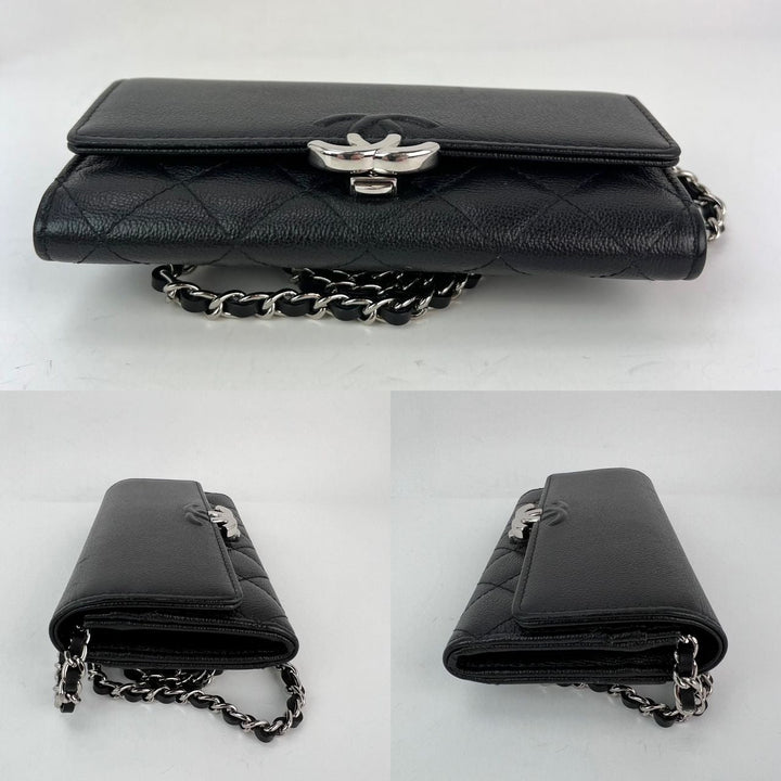 Chanel Grained Calfskin Quilted CC Box Flap Wallet with silver chain, pre-owned luxury bags, very good condition.