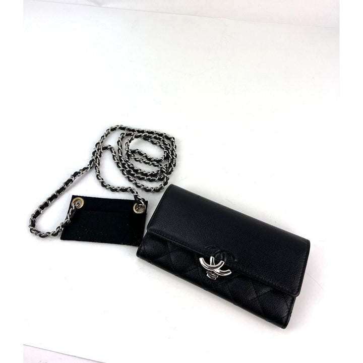 Chanel Grained Calfskin Quilted CC Box Flap Wallet with silver chain strap, luxury bags, pre-owned, very good condition