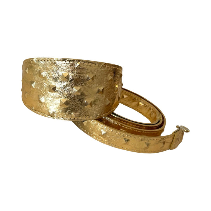 Glam Gold Embossed Studded Italian Leather 3” Wide Style Collar &amp; Leash Set