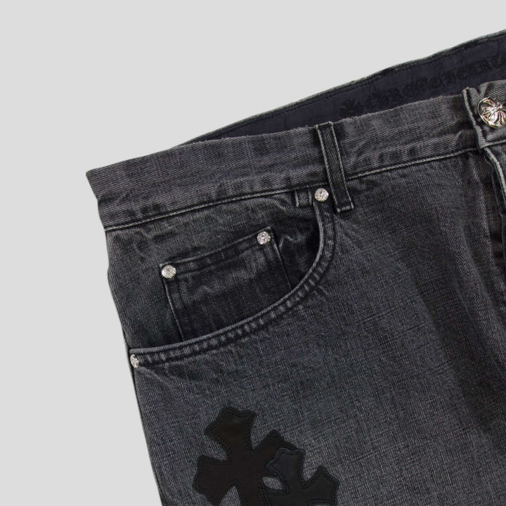 Chrome Heart Fleur Knee Denim in Black/White featuring luxury denim quality, gently used, authentic Chrome Hearts craftsmanship.