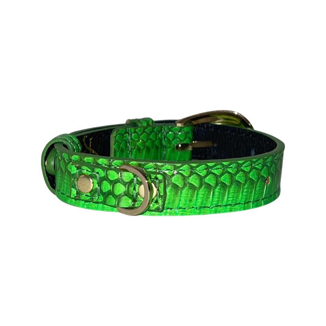 XS/S 7”-14” Neon Green Custom Snake Collar/Custom Gold Oval Italian Hardware &amp; Swarovski Crystal Charm