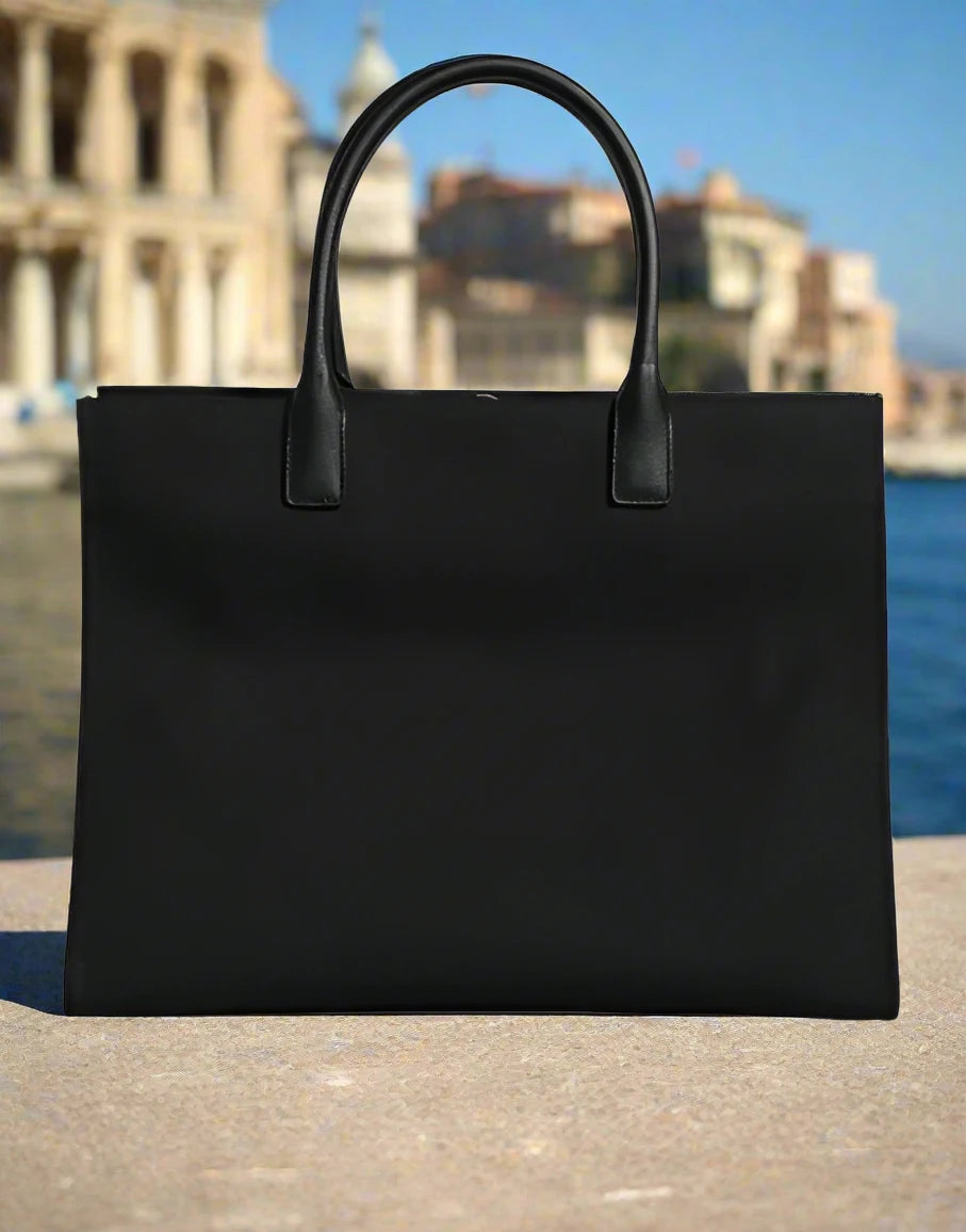 BOLSO DE COMPRAS DE LONA CON LOGOTIPO DE CUERO Y MANGO SUPERIOR NEGRO DE Versace