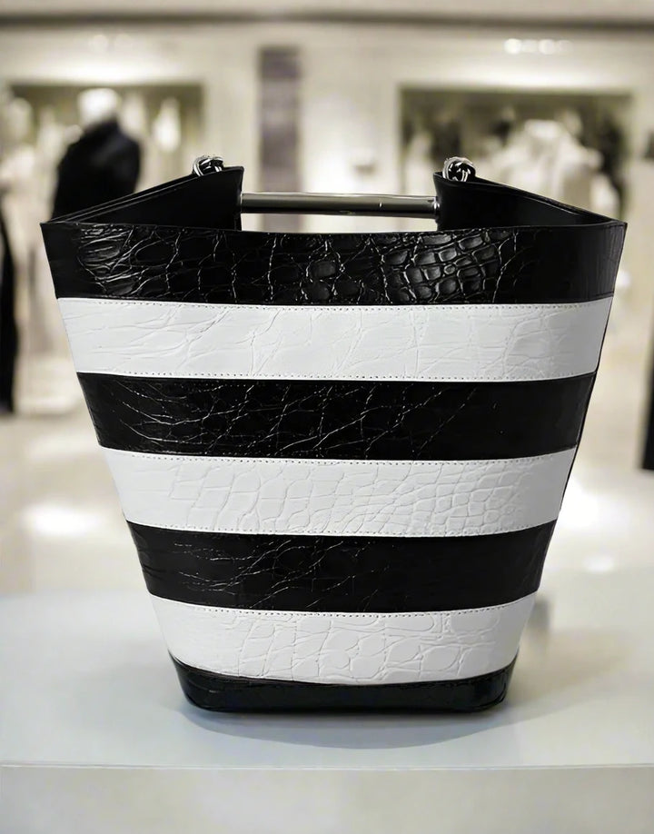 Balenciaga BLACK & WHITE STRIPED EXOTIC SKIN LEATHER MAXI BUCKET TOTE BAG