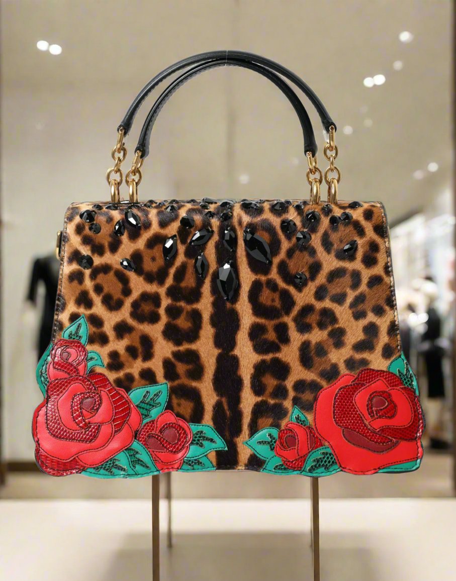 DOLCE & GABBANA Chic Leopard Embellished Tote with Red Roses! (pre-owned) A