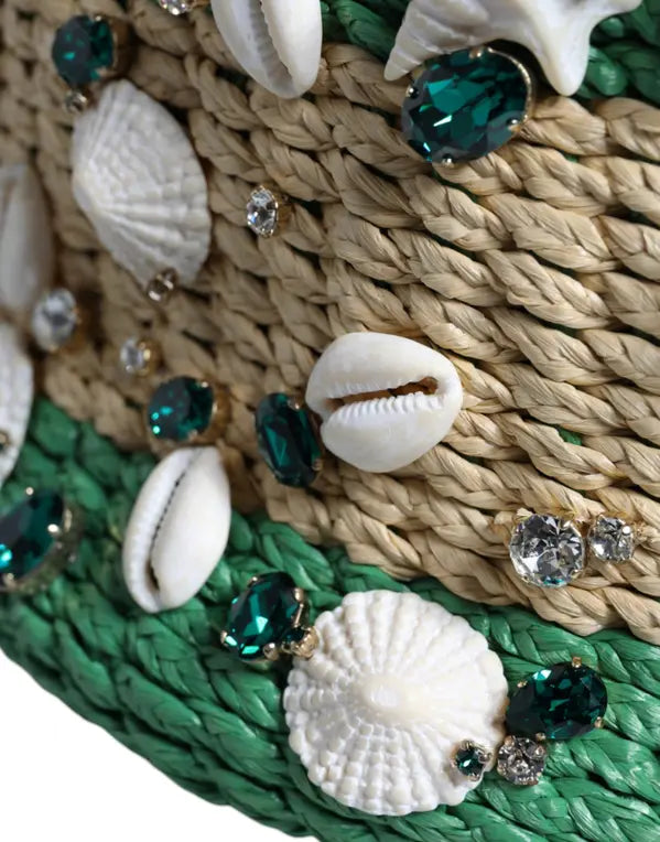 BOLSO BUCKET CON CONCHAS DE RAFIA Y CRISTALES EN VERDE BEIGE DE Dolce &amp; Gabbana