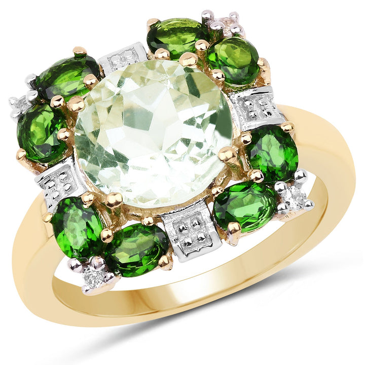 14K Yellow Gold Plated 5.36 Carat Genuine Green Amethyst, Chrome Diopside &amp; White Topaz .925 Sterling Silver Ring