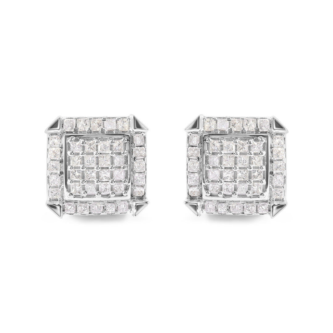 10K White Gold 1 1/10 Cttw Princess Diamond Composite and Halo Stud Earrings (I-J Color, I1-I2 Clarity)