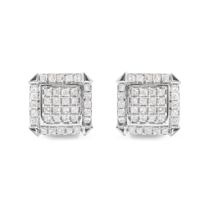 10K White Gold 1 1/10 Cttw Princess Diamond Composite and Halo Stud Earrings (I-J Color, I1-I2 Clarity)